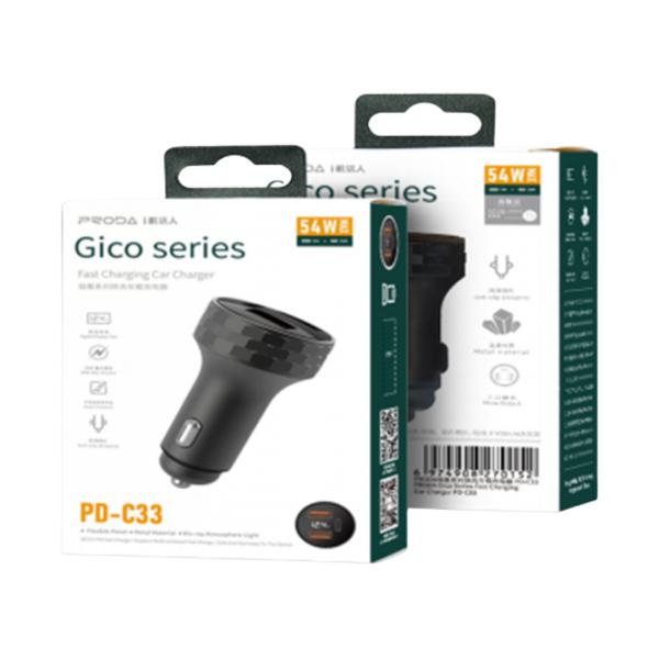 CUBO CARRO 2 USB+TIPO C MODELO PD-C33 54W PRODA NEGRO