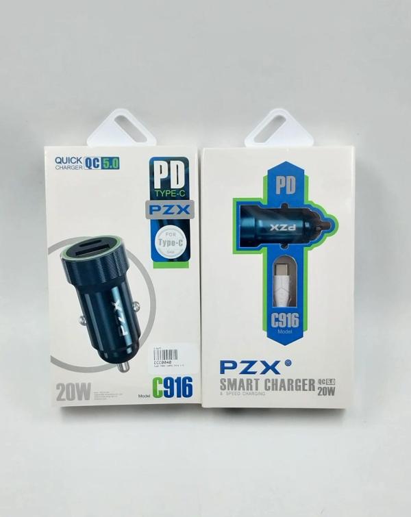 CARGADOR COMPLETO PARA CARRO DOBLE PUERTO USB+TIPO C C-C 20W MODELO C916 PZX AZUL