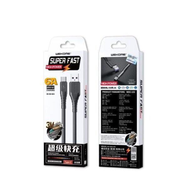 CABLE  USB TIPO C MODELO WDC-152 3M WEKOME NEGRO