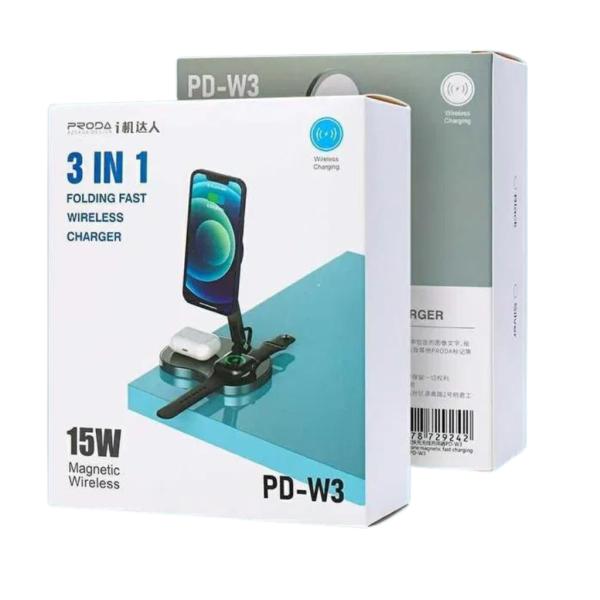 CARGADOR INALAMBRICO 3 EN 1 MODELO PD-W3 PRODA PLATEADO
