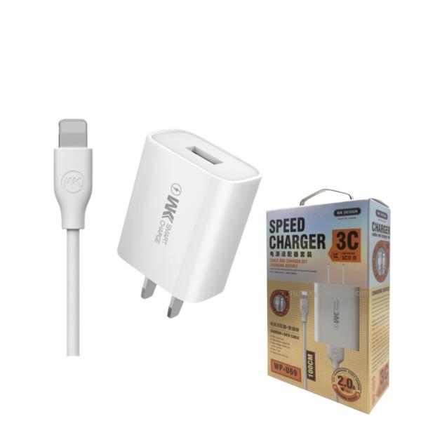 CARGADOR COMPLETO USB LIGTHNING MODELO WP-U69 WK DESING BLANCO