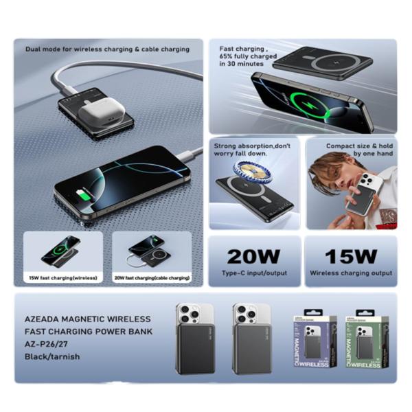 BATERIA EMERGENCIA CARGA INALAMBRICA MAGNETICA 5000 MAH MODELO AZ-P26 AZEADA GRIS