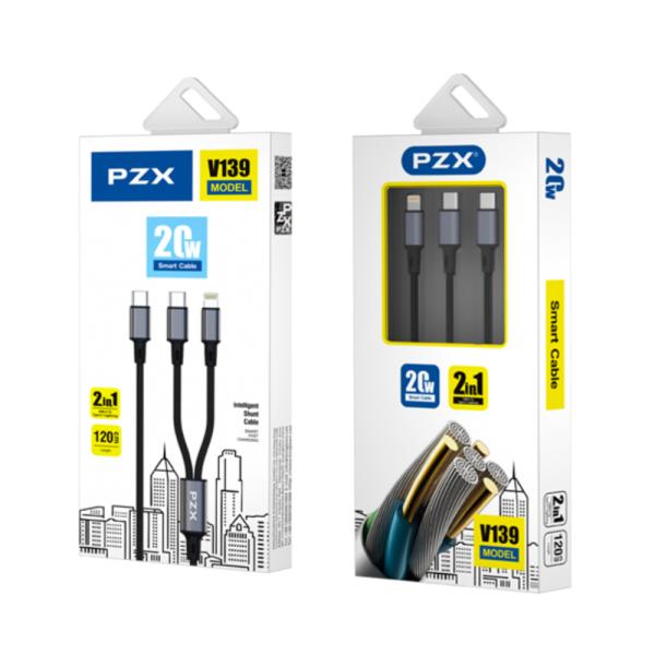CABLE  TIPO C 2 EN 1 TIPO C LIGHTNING MODELO V139 PZX NEGRO