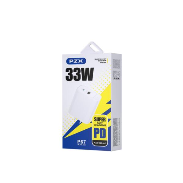 CUBO CARGADOR USB + TIPO C 33W MODELO P67 PZX BLANCO